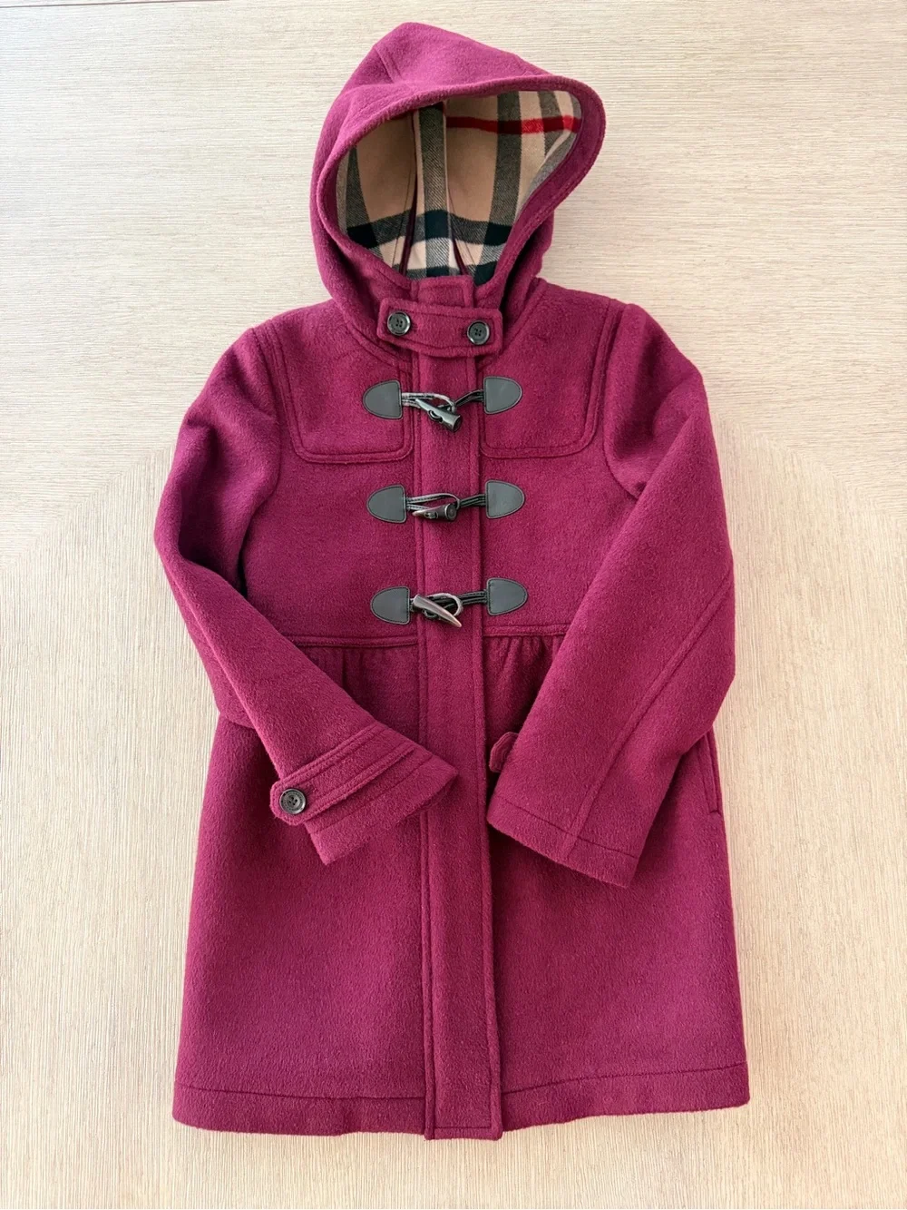Burberry Girls' Duffel Hooded Coat in Deep Burgundy 100% Wool Sz10
